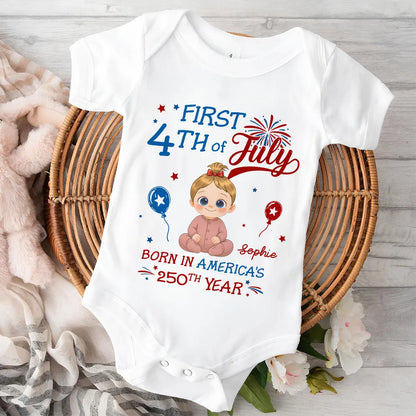 Personalized Short Sleeve Baby Onesie with Fireworks, First 4th of July Unique Gift for New Parents