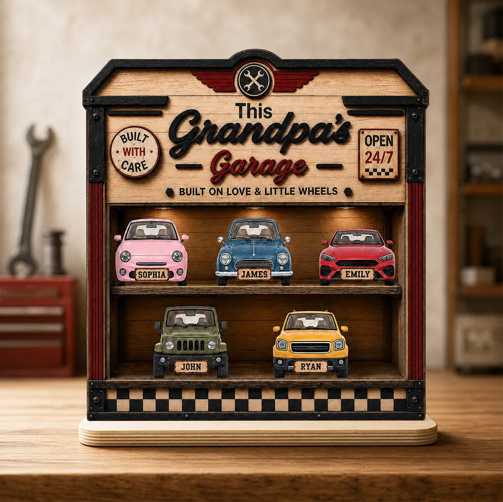Custom Wooden Plaque for Dad or Grandpa, Warm Garage Keepsake With Little Wheels, Creative Family Gift