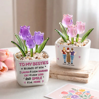 Square Glass Planter for Friends, Custom Smile More Quote & Arm in Arm Illustration, Unique Creative Gift