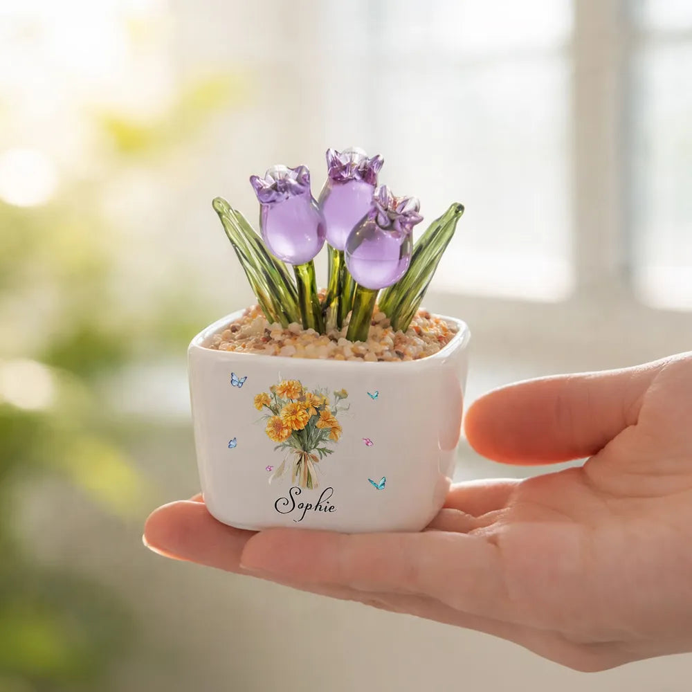 Personalized Square Glass Planter with Purple Tulips, Birth Month Flower Unique Creative Gift for Her