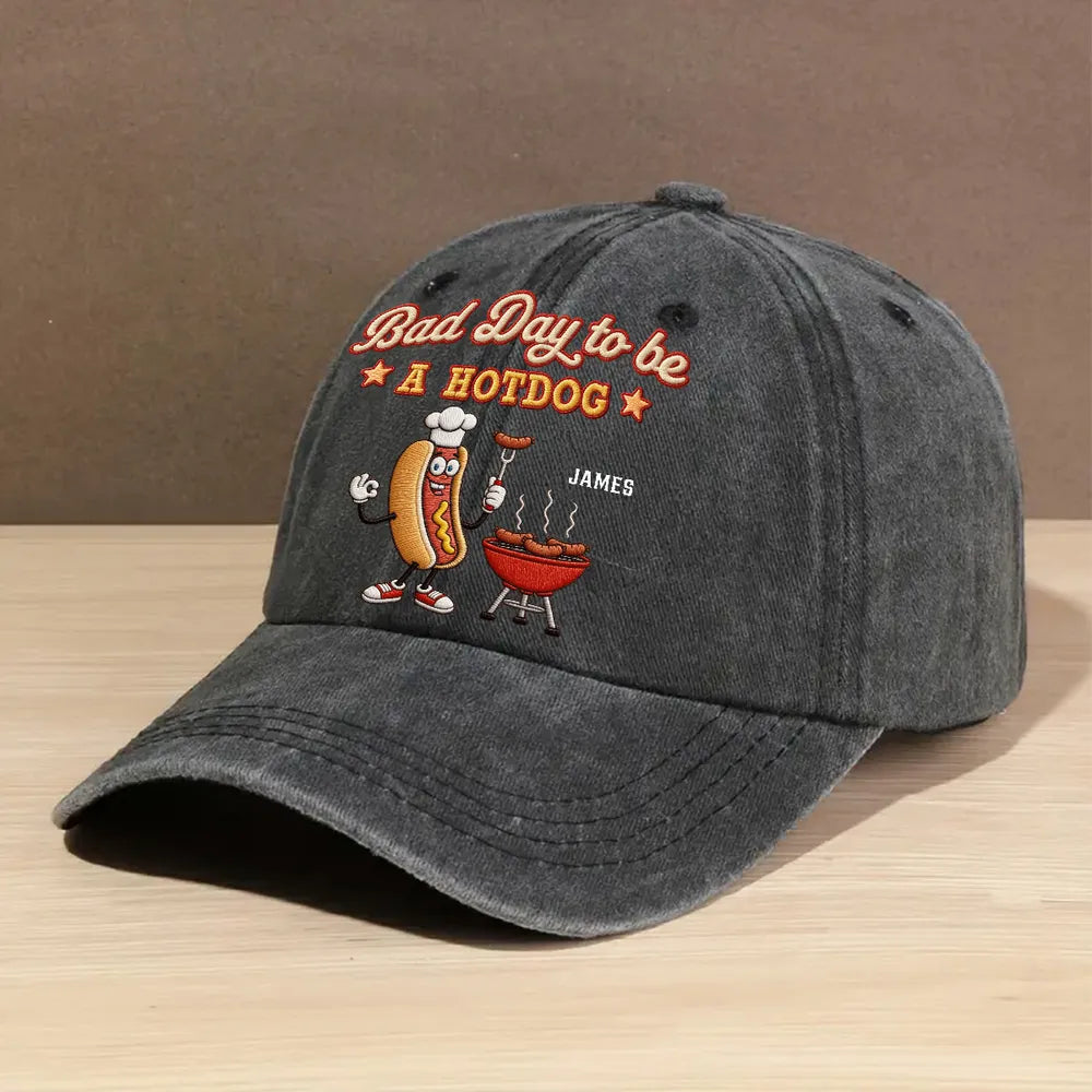 Personalized Washed Denim Baseball Cap, Bad Day to be A Hotdog, Unique BBQ Gift for Dad