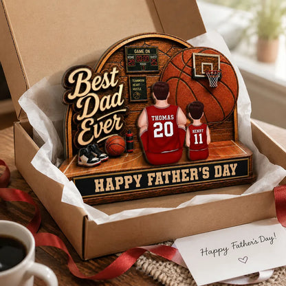 Personalized 2-Layer Wooden Plaque, Basketball Dad & Kids Back-View, Unique Creative Gift for Dad