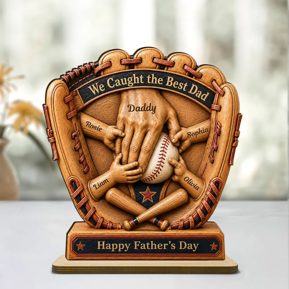 Personalized Wooden Plaque, Baseball Glove Dad & Kids' Hands, Unique Father's Day Gift for Dad