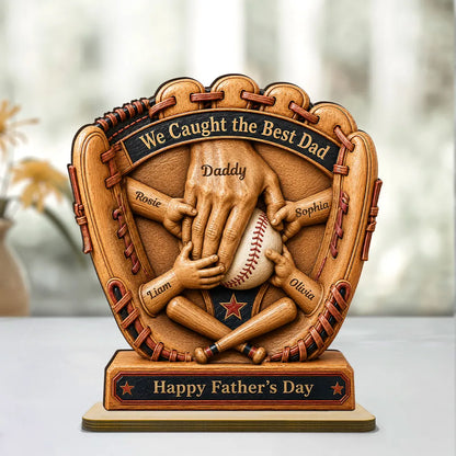 Personalized Wooden Plaque, Baseball Glove Dad & Kids' Hands, Unique Father's Day Gift for Dad