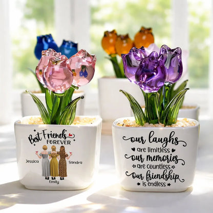 Personalized Square Glass Planter with Pink & Purple Tulips, Unique Gift for Side by Side Friends