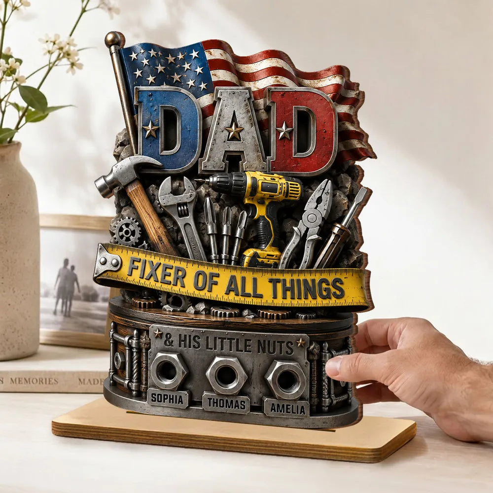 Dad Fixer of All Things Personalized 2-Layer Wooden Plaque, Creative Gift with Tools & Flag