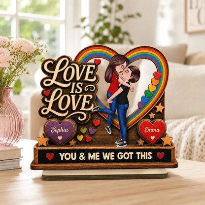 Personalized 2-Layer Wooden Plaque, Kissing LGBTQ Couple With Rainbow Heart, Unique Gift for Partner