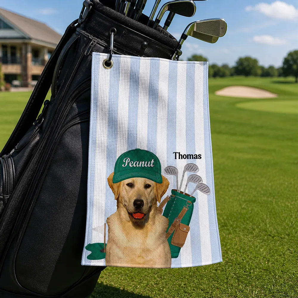Personalized Waffle Weave Golf Towel With Dog Caddy Art, Unique Golf Course Gift For Dad