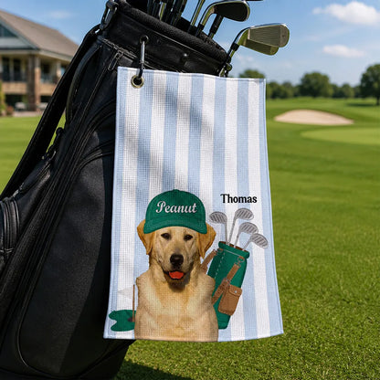 Personalized Waffle Weave Golf Towel With Dog Caddy Art, Unique Golf Course Gift For Dad
