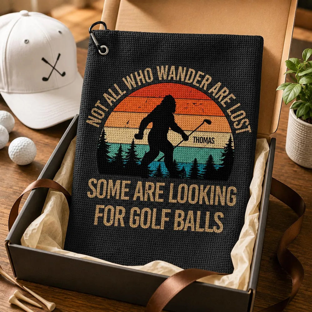 Personalized Waffle Weave Golf Towel with Bigfoot on the Course, Unique Gift for Dad or Grandpa