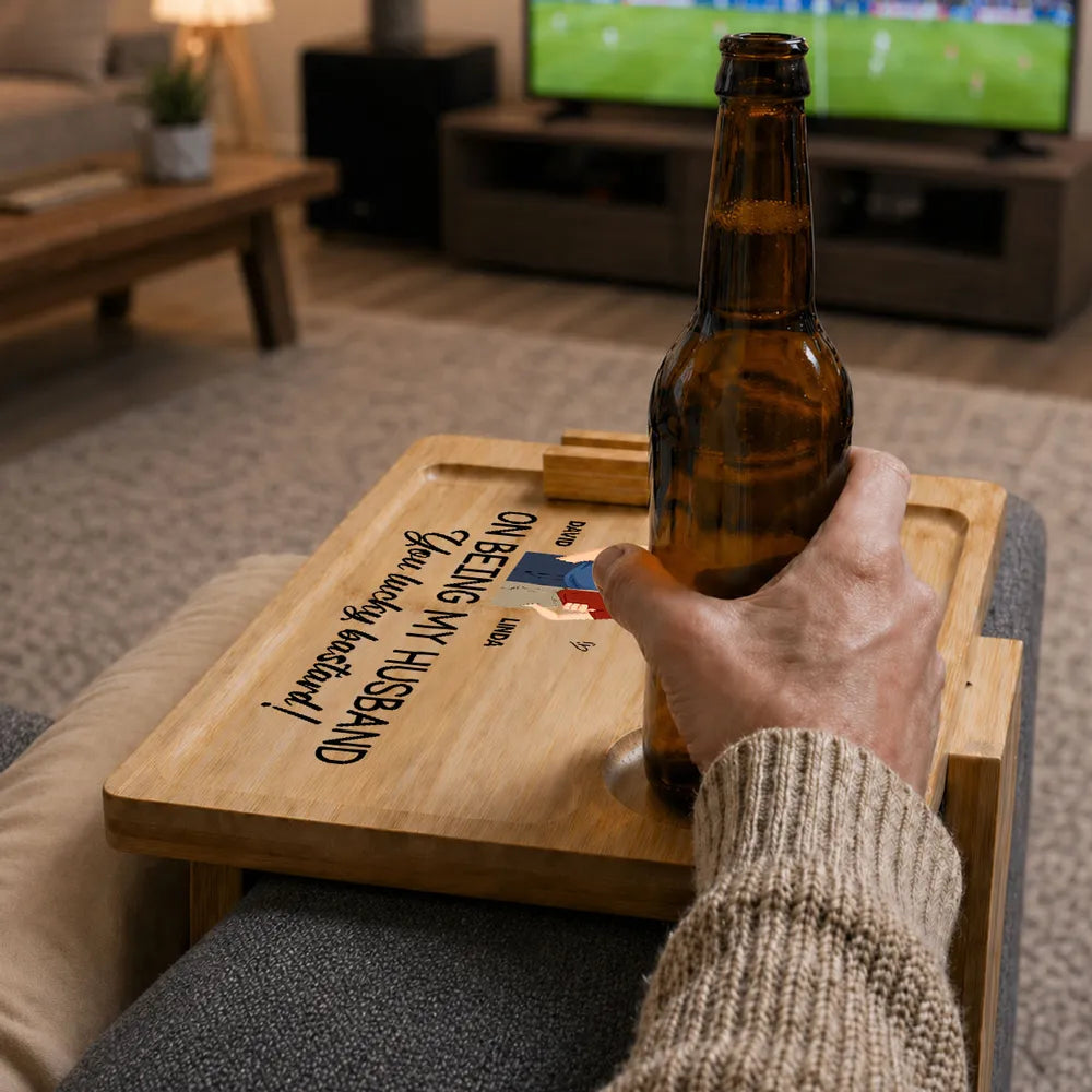 Wooden Couch Arm Table with Funny Husband Quote, Creative Custom Couple Gift for Cozy Sofa Coffee Moments