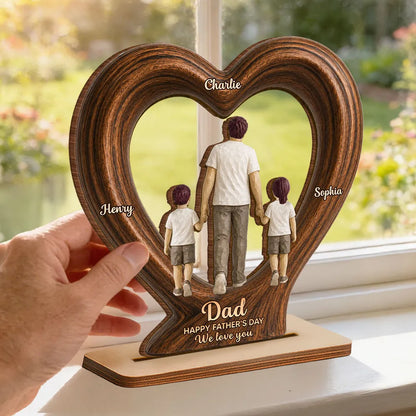 Heart Frame Wooden Plaque With Dad & Kids Holding Hands, Custom We Love You Creative Gift