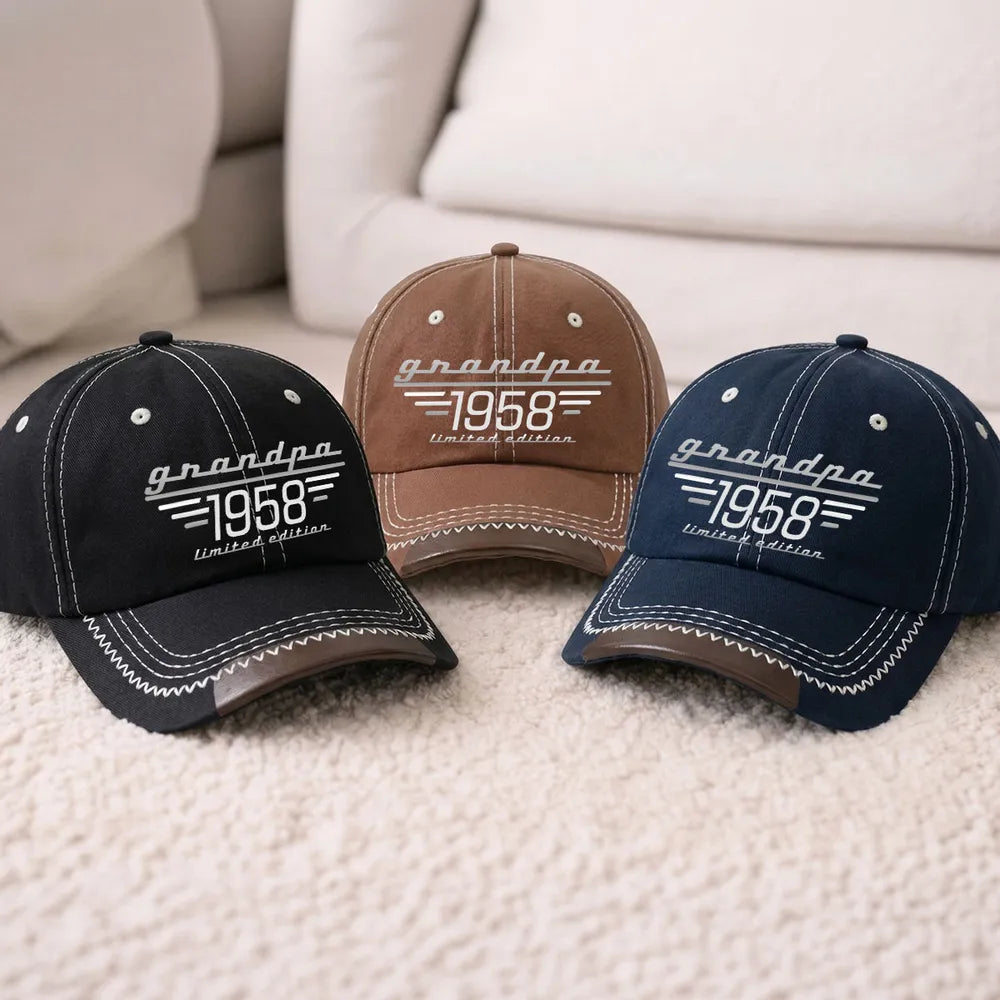 Leather Brim Cotton Cap, Custom Dad Style Baseball Look, Black Stitch Detail, Unique Gift for Dad