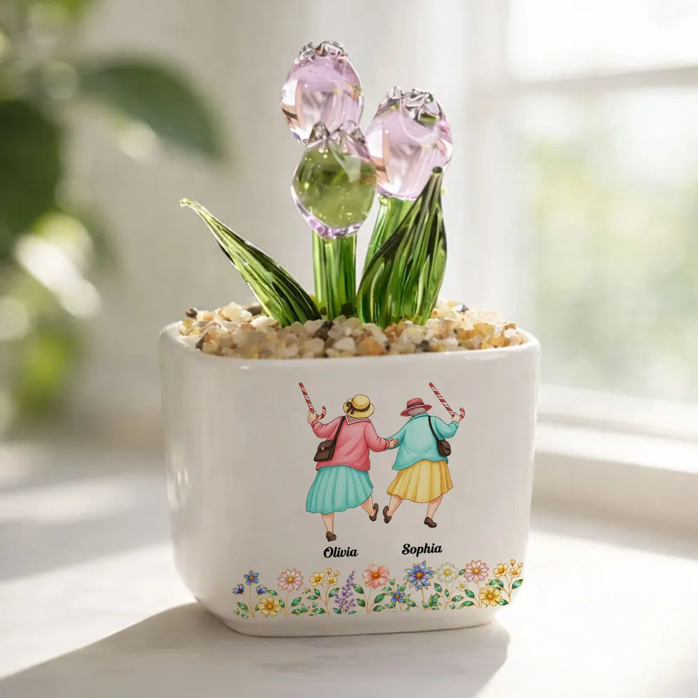 Square Glass Planter with Smile More Quote & Pastel Tulips, Unique Personalized Creative Gift for a Friend