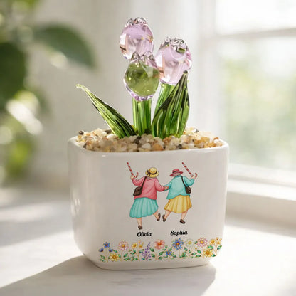 Square Glass Planter with Smile More Quote & Pastel Tulips, Unique Personalized Creative Gift for a Friend