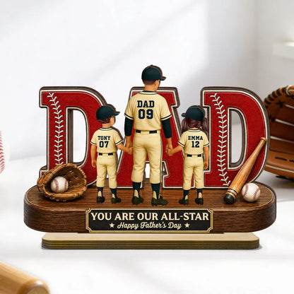 Personalized 2-Layer Wooden Plaque for Dad, Baseball All-Star Family Unique Gift with Kids Holding Hands