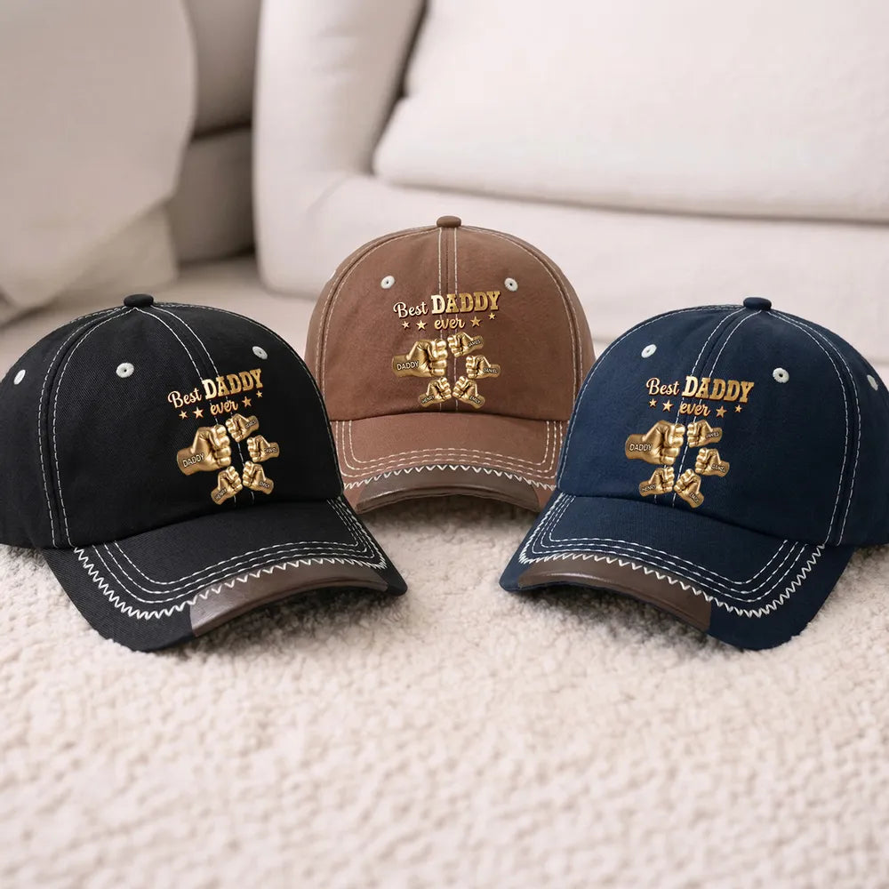 Personalized Leather Brim Cotton Cap, Gold Best Dad Ever Design, Unique Gift for Dad