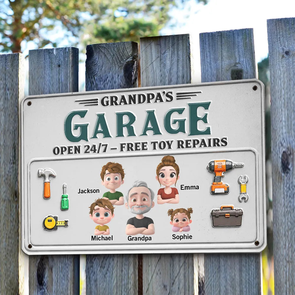 Personalized Rectangular Iron Sign, Papa Garage Cartoon, Unique Gift for Dad & Grandpa