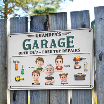 Personalized Rectangular Iron Sign, Papa Garage Cartoon, Unique Gift for Dad & Grandpa