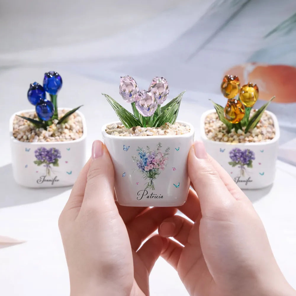Personalized Square Glass Planter with Purple Tulips, Birth Month Flower Unique Creative Gift for Her