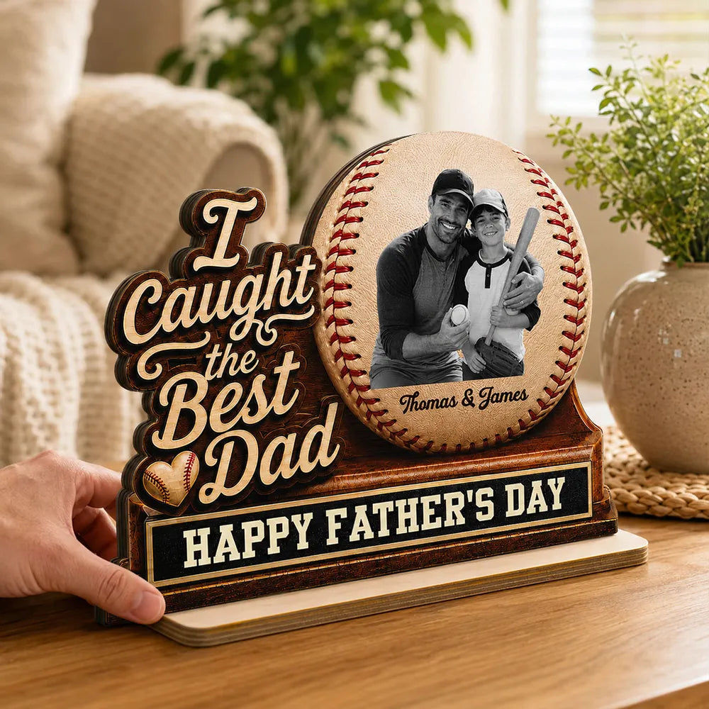 Personalized 2-Layer Wooden Plaque, Baseball Dad Photo Display, Unique Gift for Father's Day