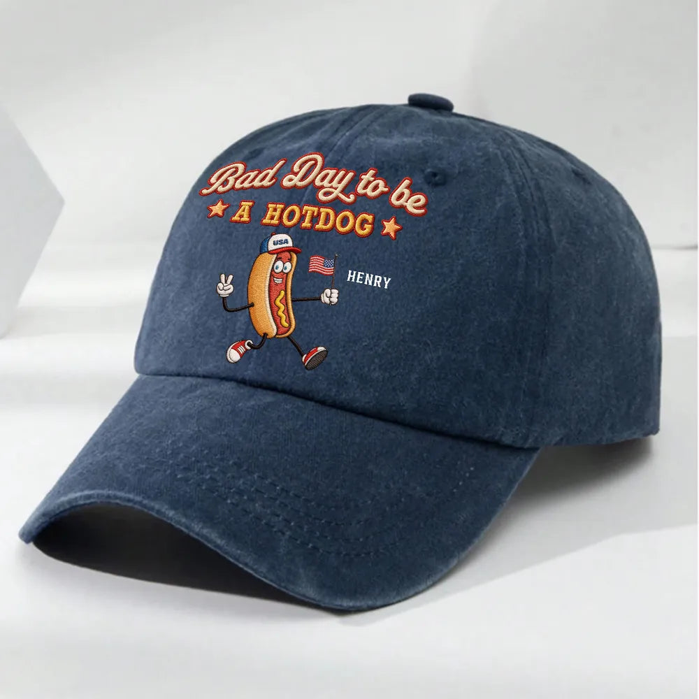 Personalized Washed Denim Baseball Cap, Bad Day to be A Hotdog, Unique BBQ Gift for Dad