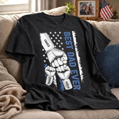 Personalized Classic Tee with Dad & Kids Fist Bump, Flag Style, Unique Gift for Dad