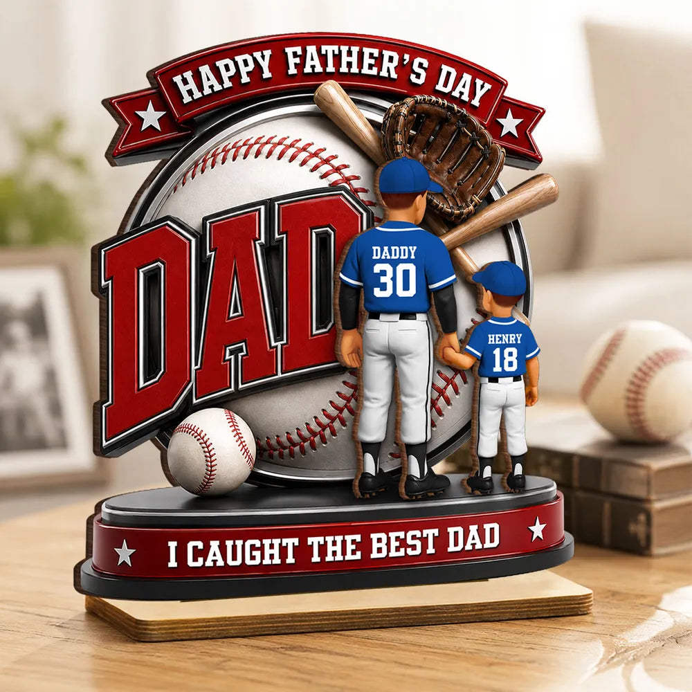 Personalized Baseball Dad 2-Layer Wooden Plaque, Holding Hands Scene, Unique Gift for Dad
