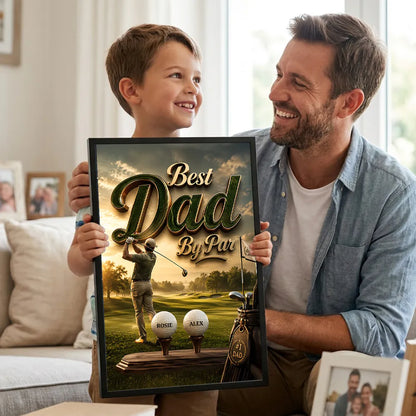 Personalized Golf Poster with Best Dad By Par, Golfer at Sunset Course, Unique Gift for Dad