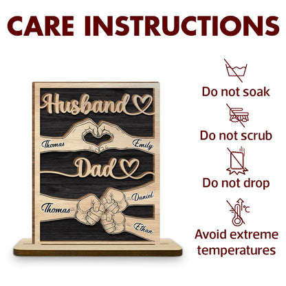 Personalized Wooden Plaque for Husband & Dad, Hand Heart Family Design, Unique Gift for Him