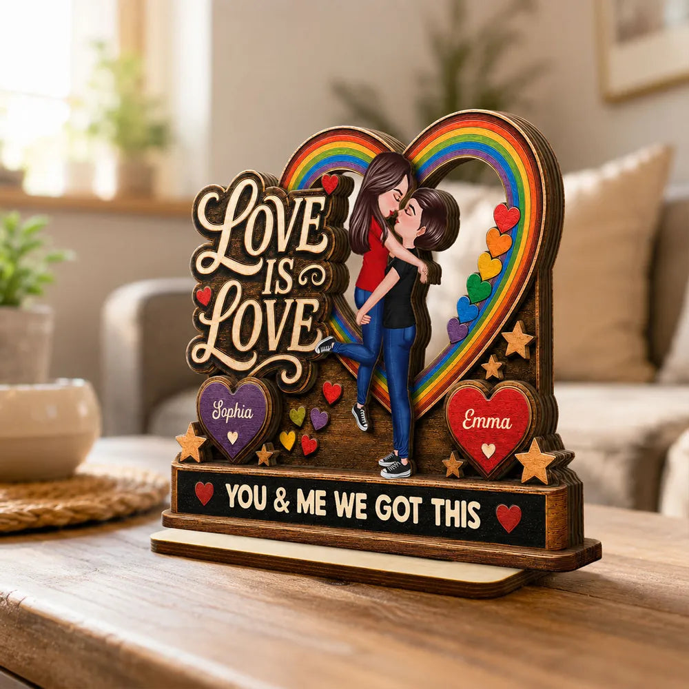 Personalized 2-Layer Wooden Plaque, Kissing LGBTQ Couple With Rainbow Heart, Unique Gift for Partner