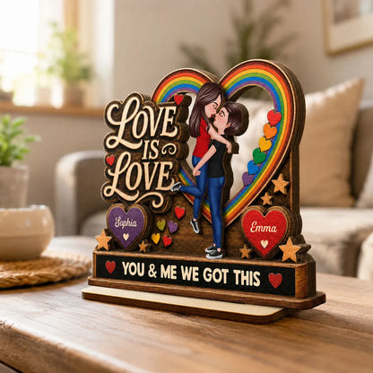 Personalized 2-Layer Wooden Plaque, Kissing LGBTQ Couple With Rainbow Heart, Unique Gift for Partner