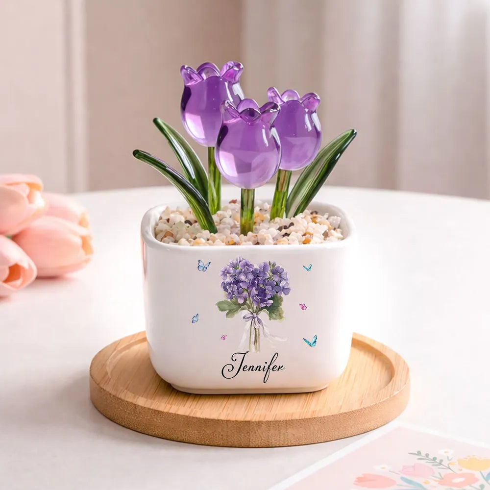 Personalized Square Glass Planter with Purple Tulips, Birth Month Flower Unique Creative Gift for Her