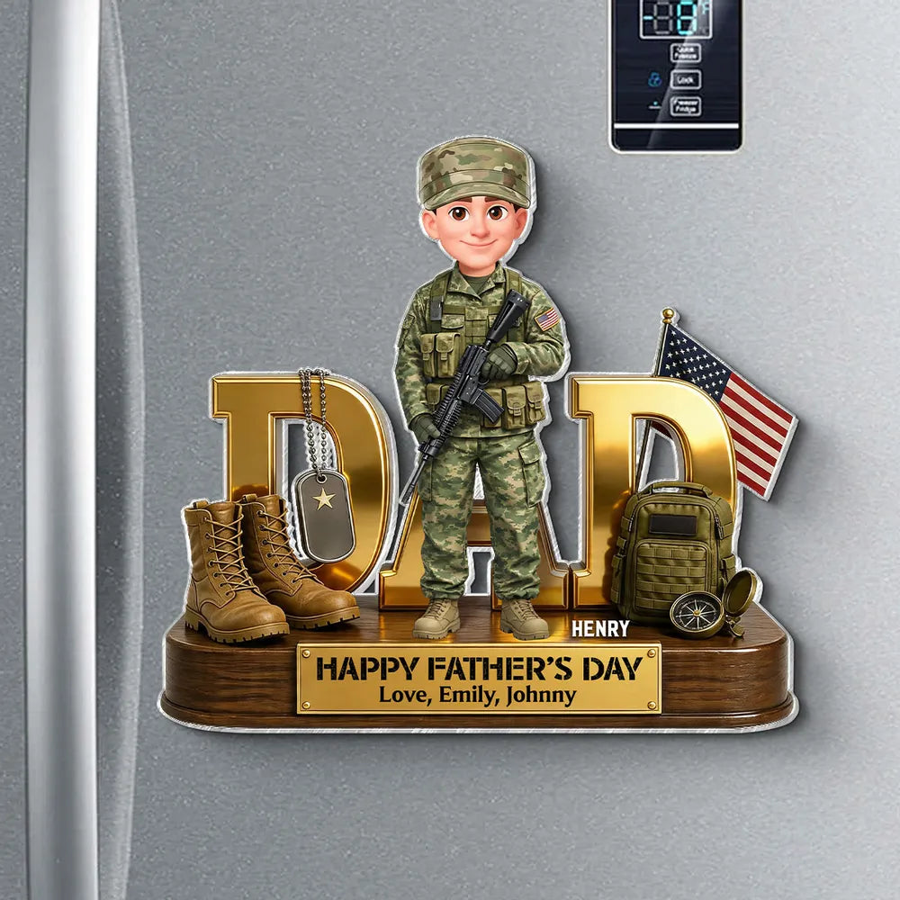 Proud Military Dad Acrylic Fridge Magnet, Personalized Creative Father's Day Gift With Standing Soldier & Flag