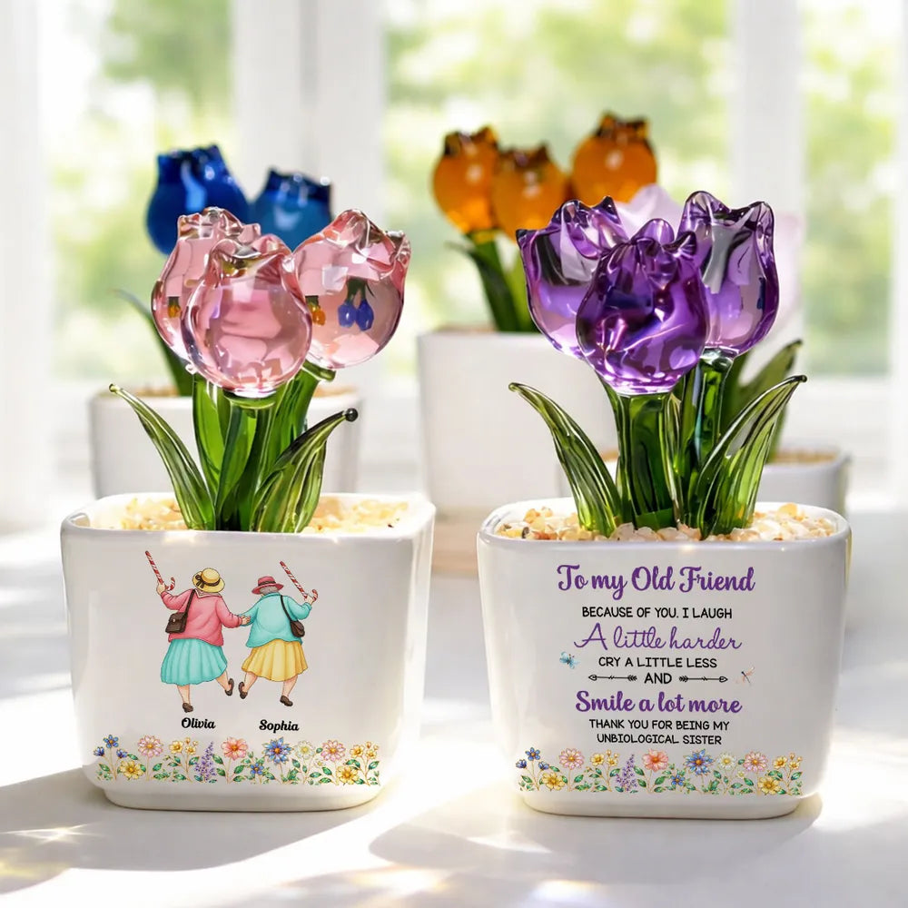Square Glass Planter with Smile More Quote & Pastel Tulips, Unique Personalized Creative Gift for a Friend