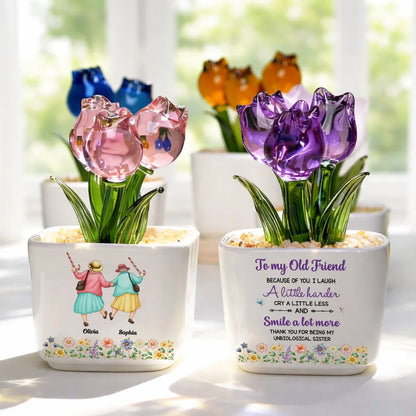 Square Glass Planter with Smile More Quote & Pastel Tulips, Unique Personalized Creative Gift for a Friend