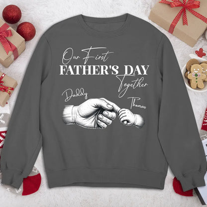 Our First Father's Day Together Classic Tee, Custom Dad Shirt with Baby Hand Art, Creative Gift