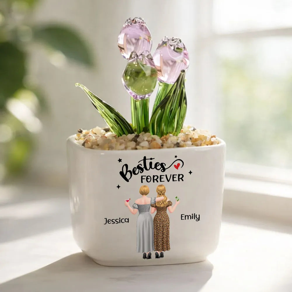 Personalized Square Glass Planter with Pink & Purple Tulips, Unique Gift for Side by Side Friends