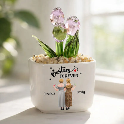 Personalized Square Glass Planter with Pink & Purple Tulips, Unique Gift for Side by Side Friends