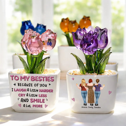 Square Glass Planter for Friends, Custom Smile More Quote & Arm in Arm Illustration, Unique Creative Gift