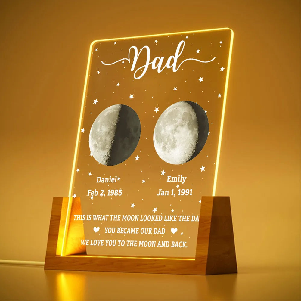 Personalized LED Light Frame With Moon & Stars, Unique Custom Gift for Dad, Warm Bedside Keepsake