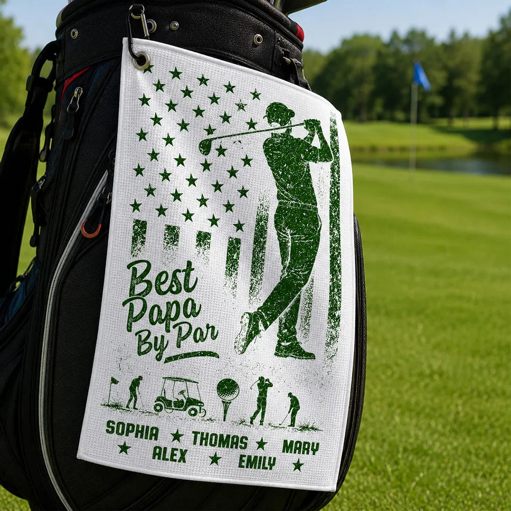 Personalized Waffle Weave Golf Towel, Best Papa By Par Golfer Swing, Unique Gift for Dad on the Course