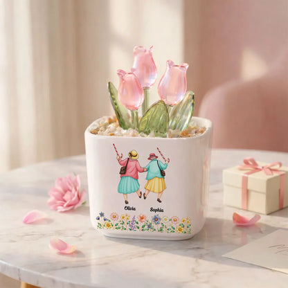 Square Glass Planter with Smile More Quote & Pastel Tulips, Unique Personalized Creative Gift for a Friend