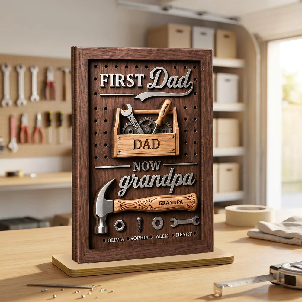 2-Layer Wooden Plaque Personalized First Dad Now Grandpa Tool Box Gift for Dad, Unique Grandpa Keepsake