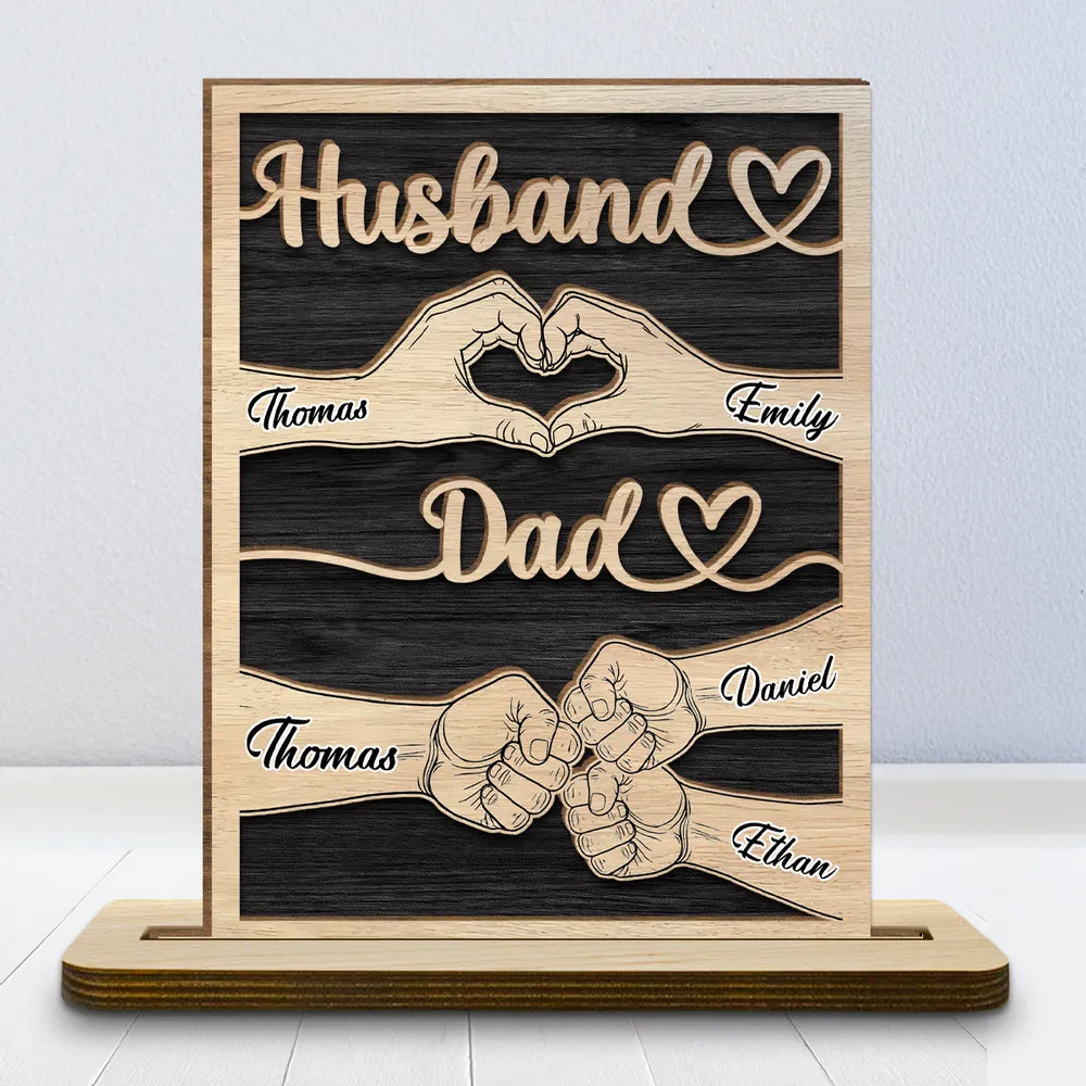 Personalized Wooden Plaque for Husband & Dad, Hand Heart Family Design, Unique Gift for Him