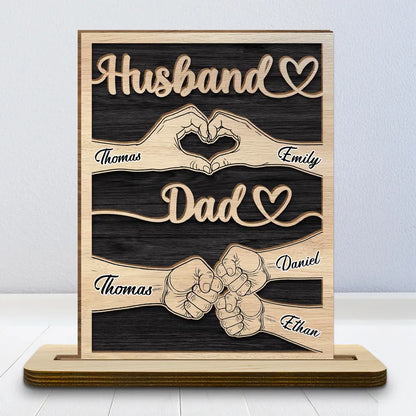Personalized Wooden Plaque for Husband & Dad, Hand Heart Family Design, Unique Gift for Him