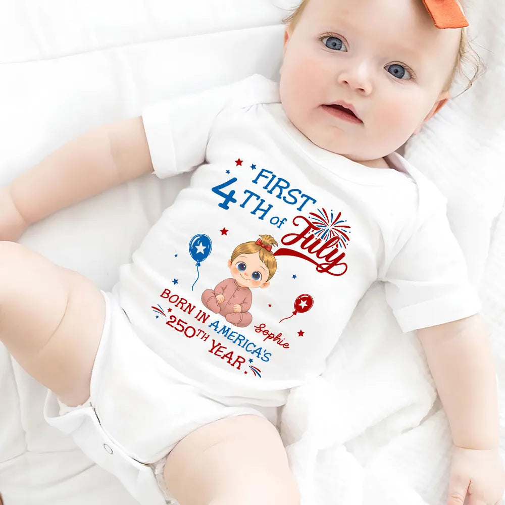 Personalized Short Sleeve Baby Onesie with Fireworks, First 4th of July Unique Gift for New Parents