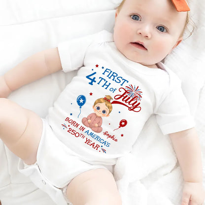 Personalized Short Sleeve Baby Onesie with Fireworks, First 4th of July Unique Gift for New Parents