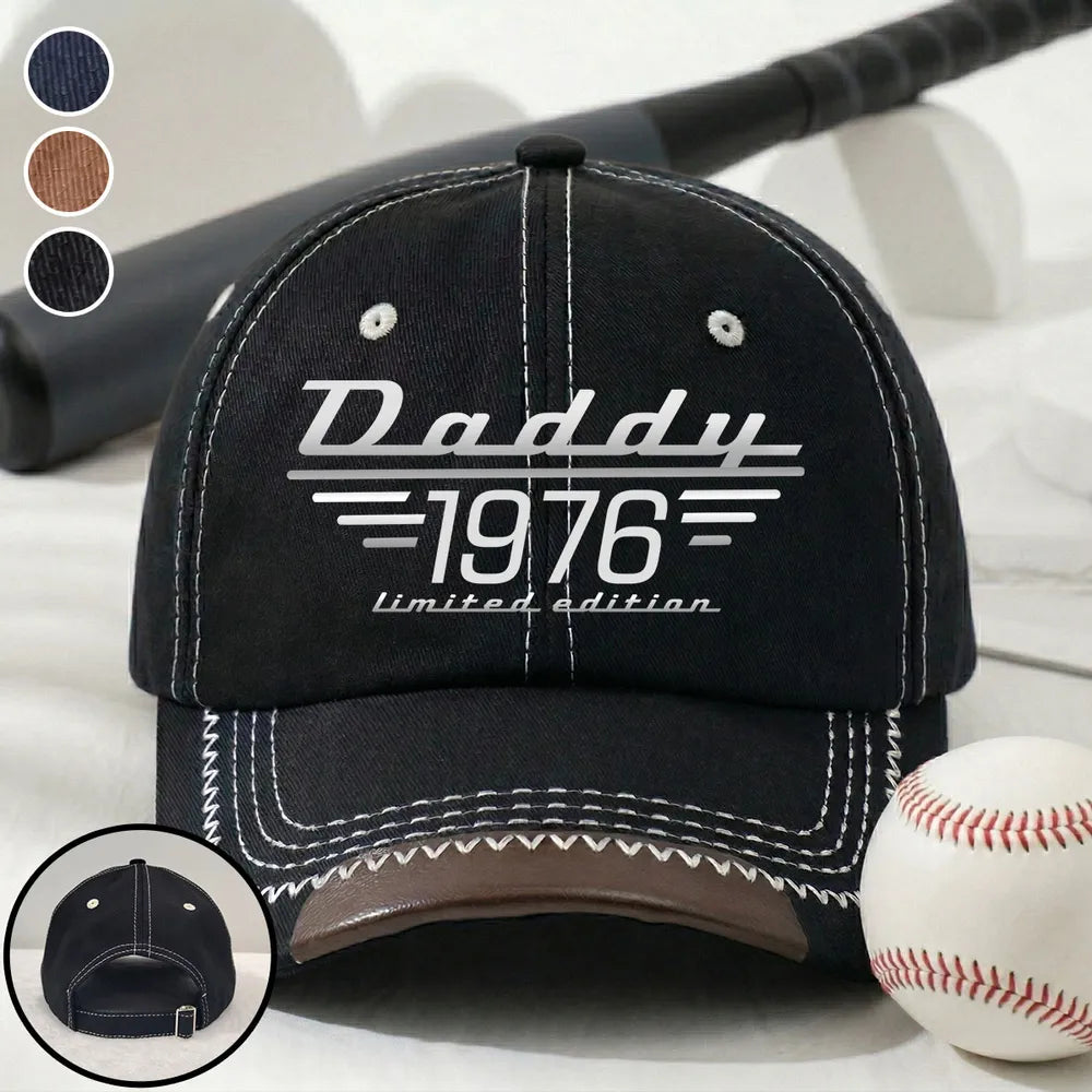 Leather Brim Cotton Cap, Custom Dad Style Baseball Look, Black Stitch Detail, Unique Gift for Dad