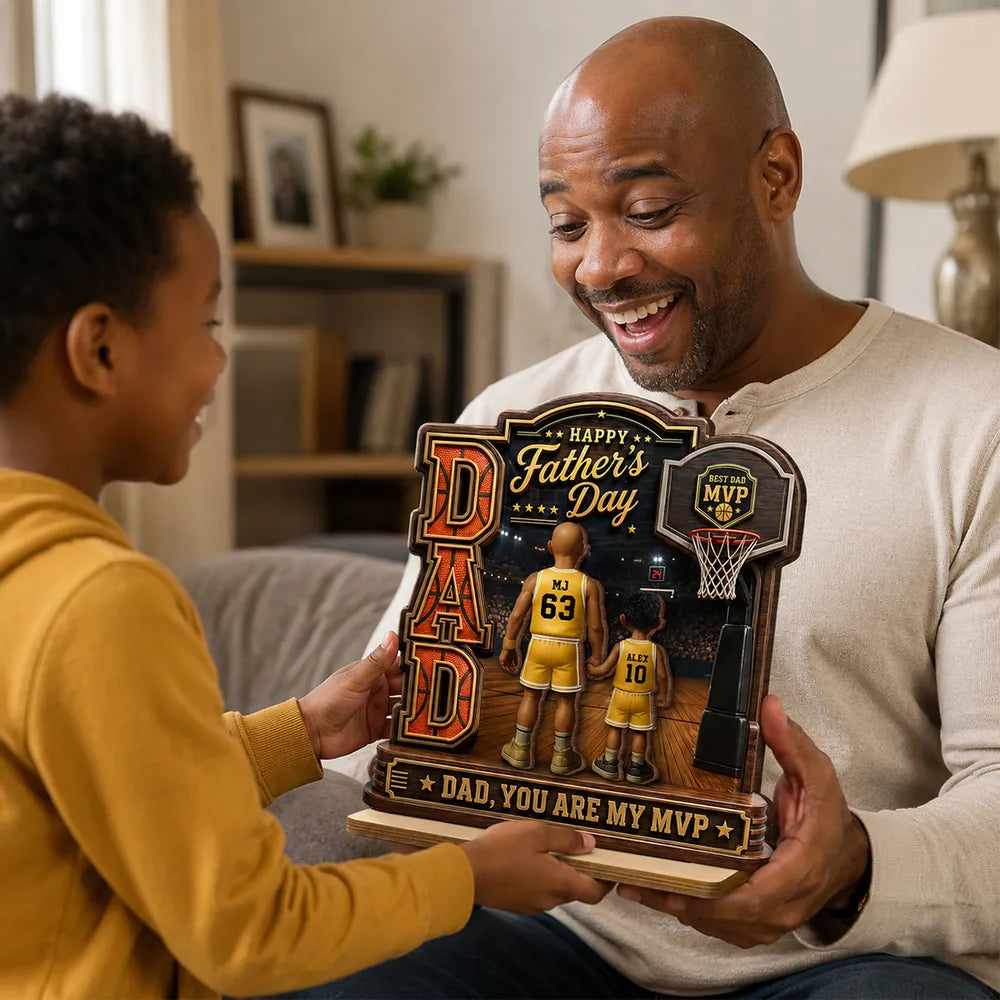 Personalized 2-Layer Wooden Plaque, Basketball Dad Holding Hands On Court, Unique Gift For Dad